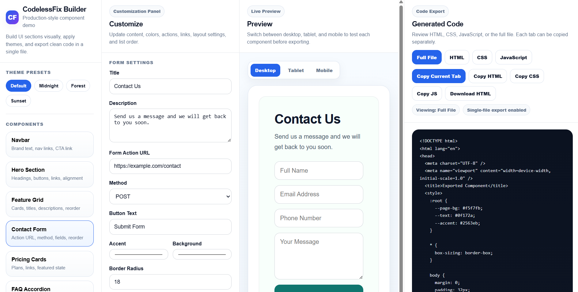 HTML component builder preview